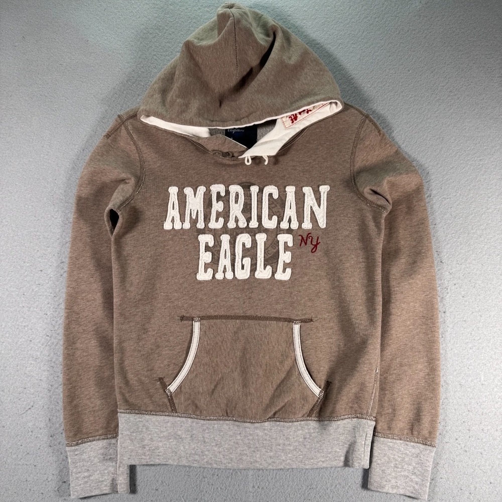 American Eagle Women Hoodie Smallโ Brown Fleece Embroidered Logo Pullover